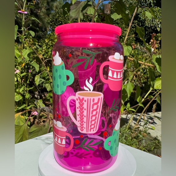 Christmas coffee and hot cocoa libbey can glass pink 16oz - Picture 1 of 5